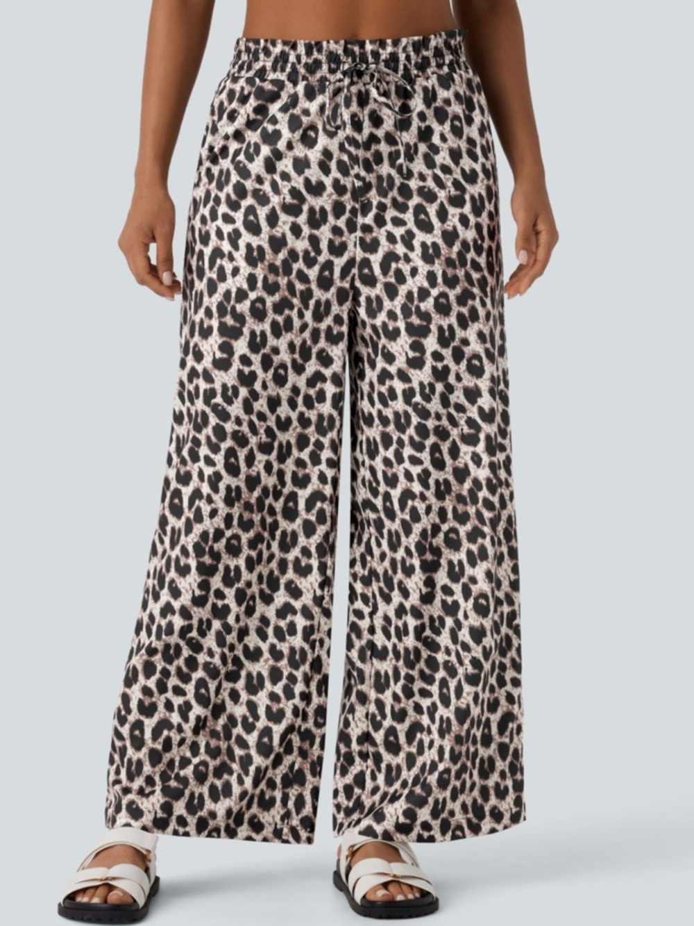 High Waisted Drawstring Pocket Leopard Print Wide Leg Casual Pants